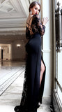 Black Round Neck Lace Party Dresses Long Prom Dresses with Long Sleeves Split Side