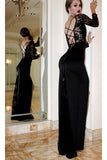 Black Round Neck Lace Party Dresses Long Prom Dresses with Long Sleeves Split Side