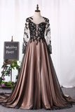 2024 Evening Dresses Scoop Long Sleeves A Line Tulle With Applique PLMNYGS2