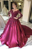 Ball Gown Long Sleeves Burgundy Satin Beads Prom Dresses with Appliques, Quinceanera Dress STI15498