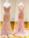Mermaid Spaghetti Straps Pink Lace V Neck Beads Prom Dresses with STI20426