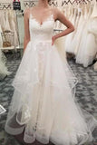Spaghetti Straps V-Neck Ivory Lace Long Wedding Dresses Dresses P7158KFX