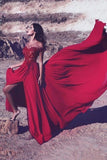2024 Red Slit Off The Shoulder Prom Dresses A Line Chiffon With PS4E1XD4