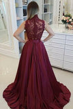 2024 High Neck Prom Dresses A Line Satin Appliques With Beads P6Z84SRF