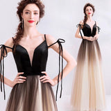 Spaghetti Straps Black Deep V Neck Formal Dress, Floor Length Tulle Ombre Prom Dresses STI15409