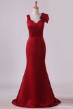 2024 Evening Dresses V Neck Satin With Bow Knot Sweep Train P1LYLYZX