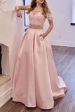 Two Piece Off the Shoulder Blush Pink Prom Dresses with Pockets, Long Lace Prom Gowns STI15445