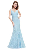 Sexy Fitted Lace Mermaid Blue V Neck Long Prom Dresses Evening Dresses STI15334