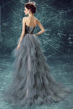 Elegant High Low Strapless Sweetheart Feathers Tulle Gray Prom Dresses with Lace STI20415