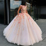 Princess Ball Gown Pink Tulle Prom Dresses with Handmade Flowers, Quinceanera STI20430