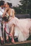 Sheer Round Neck Pink Wedding Dresses Backless Bridal Gown With Lace STI20469
