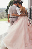 Sheer Round Neck Pink Wedding Dresses Backless Bridal Gown With Lace STI20469