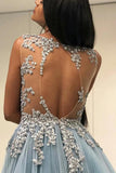 A Line Sleeveless See Through Tulle Prom Dress With Appliques Floor Length Formal STIPMLLSKLL