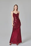 Spaghetti Straps Burgundy Prom Dresses Mermaid Sequins Party Dresses, Dance Dresses STI15412