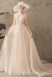 Ivory Jewel Sleeveless Tulle Wedding Dress With Lace A Line Pleats Open Back Bridal STIPXNMNP57