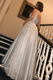 Glitter Long Prom Dresses A-Line V Neck Sequins Formal STIPM5GPNTE