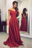 Satin Off the Shoulder A-line Sweep Train Sashes Sweetheart Burgundy Prom Dresses STI13450