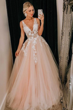 Puffy Deep V Neck Sleeveless Tulle Prom Dresses A Line Appliqued Floor Length Party STIPJ7FHZZE