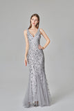 Sexy V Neck Silver Mermaid Prom Dresses, Embroidered Sequins Long Evening Dresses STI15368