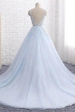 Princess Light Blue Long Ball Gown Lace Tulle Prom Dresses, V Neck Formal Dresses STI15297