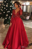 Elegant Long Sleeve Red Lace Beads Long Prom Dresses, A Line Satin Evening Dresses STI15174
