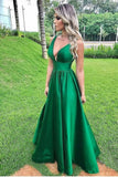Elegant A Line Green Sexy V Neck Long Satin Backless Prom Dresses, Evening Dresses STI15509