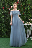 Simple Off the Shoulder Tulle Long Prom Dresses, Blue Bridesmaid Dresses STI15396