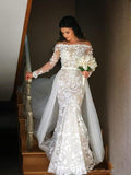 Mermaid Long Sleeve Lace Appliques Off the Shoulder Detachable Train Wedding Dresses STI15262