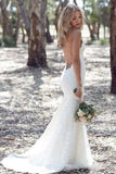 Sexy Spaghetti Straps Mermaid Lace Ivory Wedding Dresses, V Neck Beach Wedding Gowns STI15359