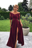 Modest Off the Shoulder Burgundy Bridesmaid Dresses with Slit, Prom STI20427