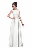 Elegant A-Line Applique Round Neck Lace Satin Ball Gown Evening PF19Q8AM