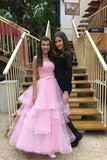 Unique Pink Tulle Long Prom Dresses, Strapless Belt Sweet 16 Dress STI15462