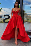 Elegant A Line Red Strapless High Low Prom Dresses with Pockets, Long Party Dresses STI15148