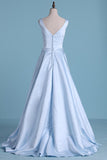 2024 Prom Dresses A Line Scoop Satin Covered Button PMMMRM4T