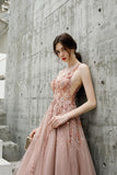 A Line V Neck Pink Beads Straps Prom Dresses Lace up, Long Dance STI15615