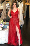 Sparkly V Neck A Line Red Spaghetti Straps Prom Dresses with Slit, Evening STI20447