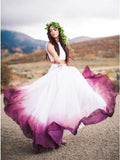 Flowy Two Pieces White Straps Prom Dresses Bateau Fuchsia Dyed Chiffon Wedding Dress STI15233