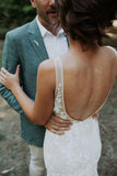 Elegant Mermaid Lace Appliques Straps V Neck Ivory Wedding Dresses, Beach Wedding Gowns STI15515