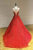 Spaghetti Straps Floor Length Prom Dress With Appliques Long Evening Dress Lace PA6CS21D