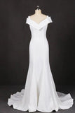 Mermaid V Neck Ivory Simple Wedding Dress, Satin Unique Long Wedding Gowns STI15268