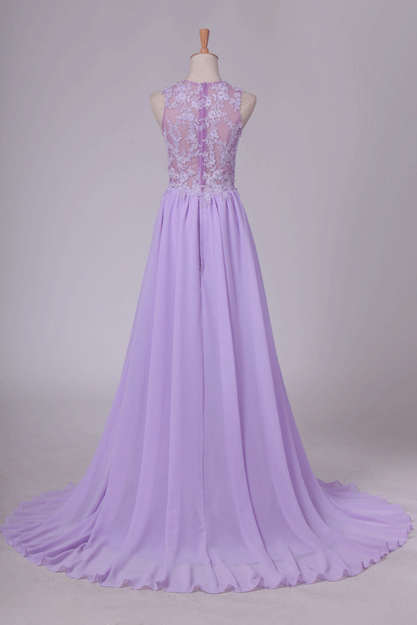 2024 See-Through Scoop A Line Sweep Train Prom Dresses With Applique PK7FYLPM