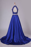 2024 Two Pieces High Neck Prom Dresses A Line Beaded Bodice Satin Dark P5F84HNS