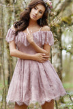 A-Line Cold Shoulder Purple Lace Homecoming Party Dress with Ruffles Prom Dresses STI14965