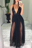 Sexy Black Sequins And Tulle Spaghetti Straps Deep V Neck Simple Floor Length Prom STIPBMGFG1D