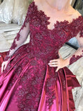 Ball Gown Long Sleeves Burgundy Satin Beads Prom Dresses with Appliques, Quinceanera Dress STI15498