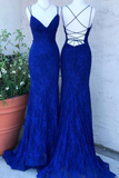 Spaghetti Crossed Straps Royal Blue Mermaid Prom Dresses V Neck Lace PQDT9MKZ