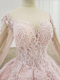 Elegant Ball Gown Pink Long Sleeves Appliques Prom Dresses, Quinceanera STI20481