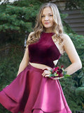 Cute A Line Burgundy Taffeta Two Pieces Halter Homecoming Dresses with Pockets