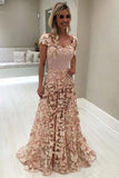 A Line Blush Pink 3D Butterfly Sweetheart Lace Long Prom Dresses with Cap Sleeve
