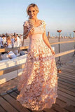 A Line Blush Pink 3D Butterfly Sweetheart Lace Long Prom Dresses with Cap Sleeve